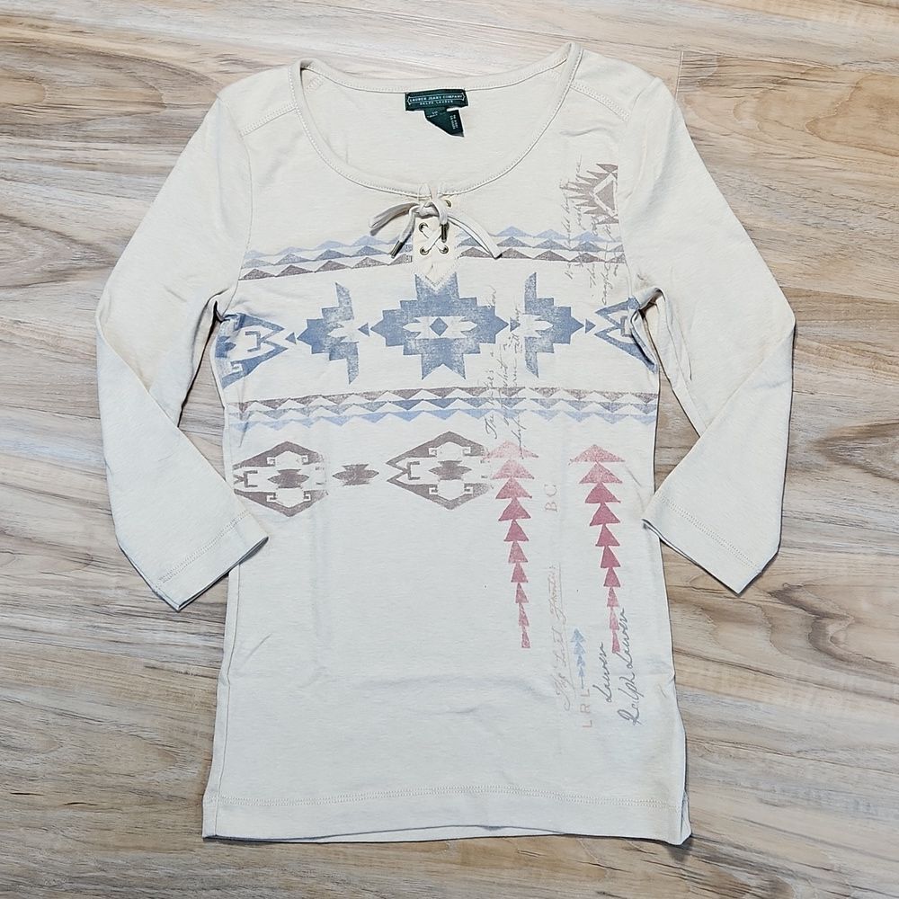 🔹️Ralph Lauren Tan Southwest Print 3/4 Sleeve Top XSmall